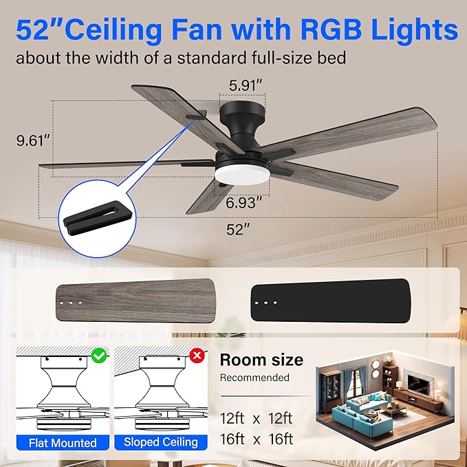 52 Inch Ceiling Fans with lights,RGB Low Profile Ceiling Fan with Light and Remote Control,APP,Black Flush Mount Ceiling Fans for Small Bedroom,Patio,Porch,Outdoor Indoor Use,5 Blades,Dimmable,Quiet