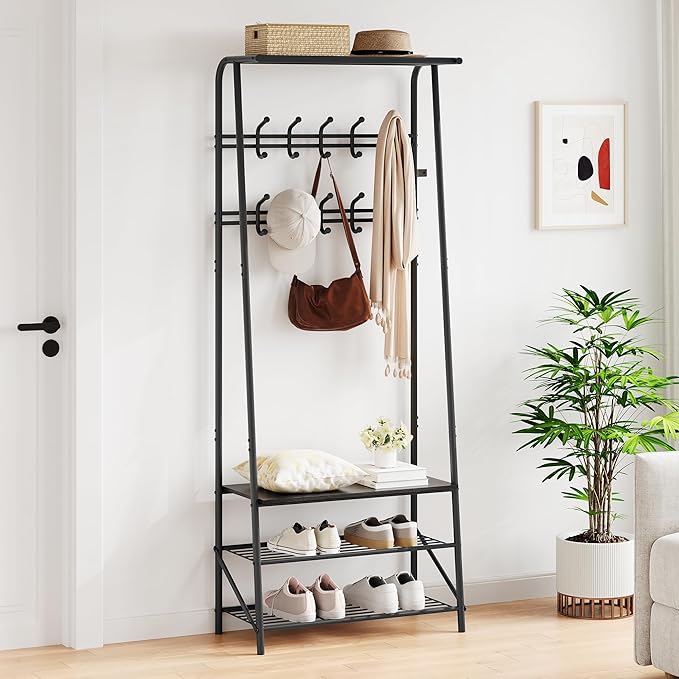25" Coat Rack Hall Tree Shoe Bench with Hooks, 4-Tier Shelf Entryway Hall Tree with Bench And Shoe Storage, Freestanding Metal Frame Multifunctional Hallway Organizer, Accent Furniture for Bathroom