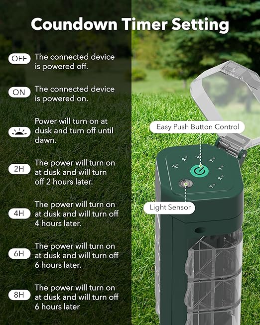 HBN Outdoor Power Strip Timer with Photocell Remote Control,Yard Stake Countdown (2,4,6,8 Hour),Weatherproof Outside Timer Dusk to Dawn for Halloween/Christmas Lights,6 Outlets,6ft Cord