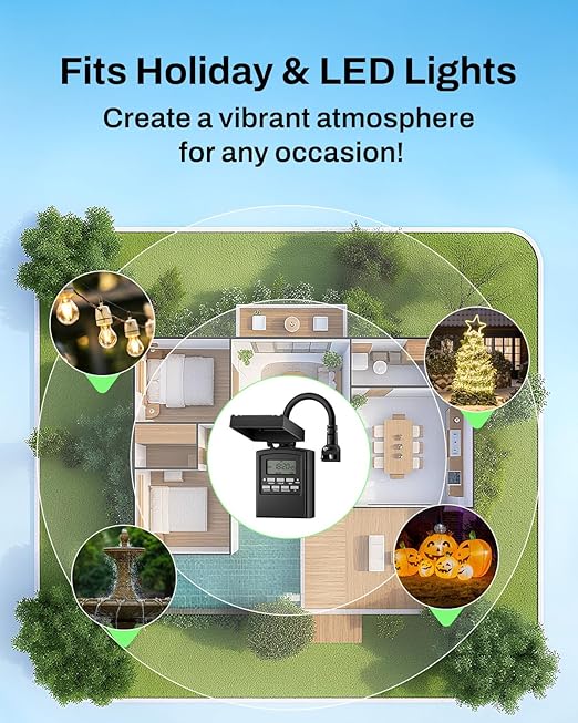 BN-LINK 7 Day Outdoor Heavy Duty Digital Programmable Timer, Outdoor Timer Outlet Waterproof, 2 Grounded Electrical Outlets for Christmas Lights, 15A 1/2HP,ETL Listed
