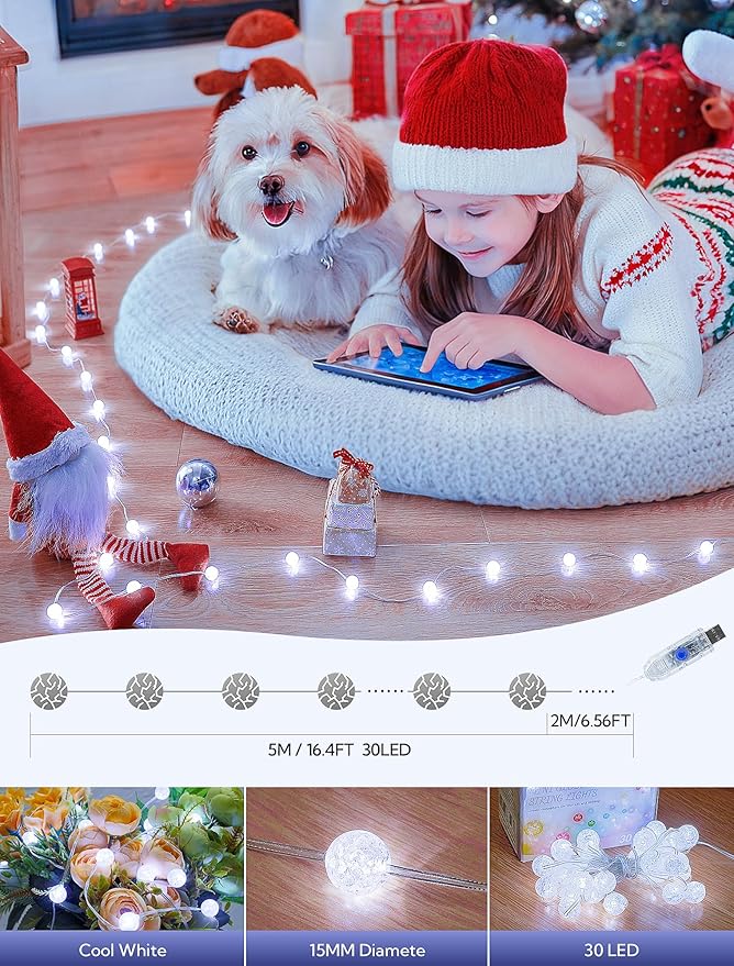 Upgrade Globe String Lights,10FT 30 LED USB Fairy Lights,8 Modes Crystal Crackle Ball Lights,Waterproof Decorative Christmas Lights for Indoor,Outdoor,Bedroom,Classroom,Wedding,Party,White