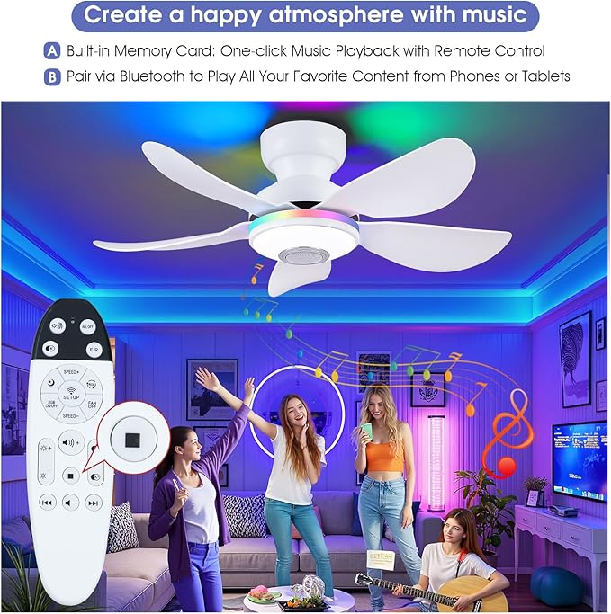 36 Inch White Ceiling Fan with Light, 5 Blades Flush Mount Fan with RGB & 3 CCT Dimmable Light, APP & Remote Control, Built-in Speaker, Reversible, 6 Speeds for Bedroom Living Room