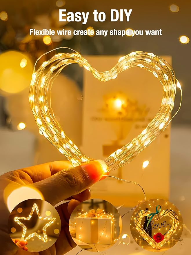 2 Pack Fairy Lights Battery Operated with Timer, 16.4 FT 50 LED Silver Wire Twinkle String Lights 8 Modes Dimmable Waterproof for Indoor Christmas Bedroom Wedding Decorations, Warm White
