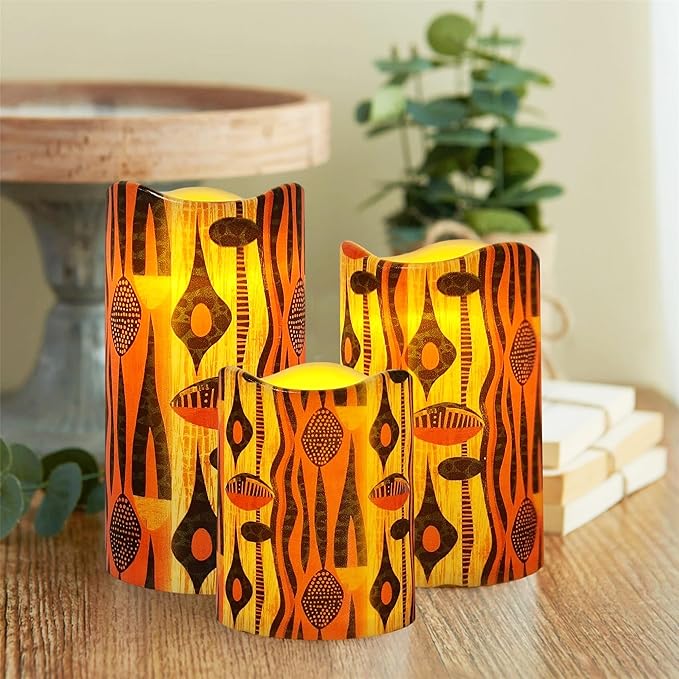 Remote Flameless Candles-Set of 3 African Tribe Design LED Pillar Candles Battery Operated Candle with Timer, 4" 5" 6" for Home Table Decor