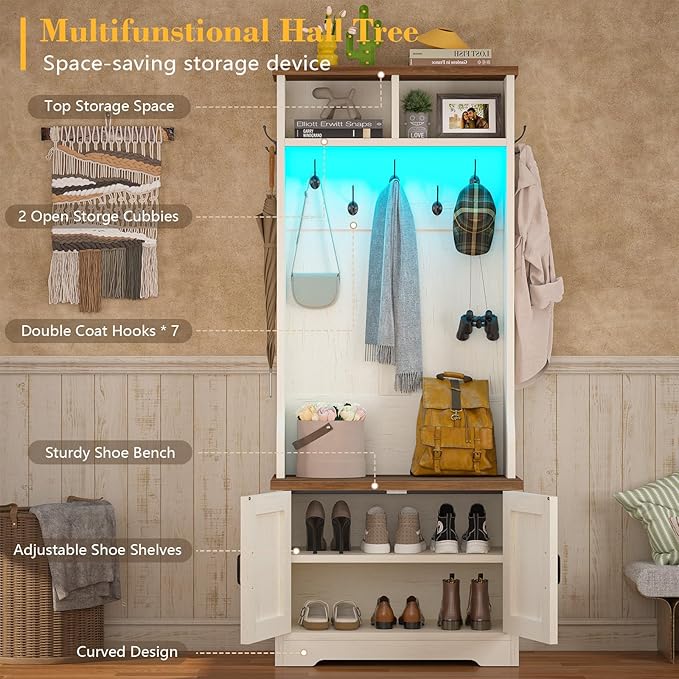 Hall Tree with Bench and Shoe Storage, Entryway Bench with Coat Racks and Led Lights, Farmhouse Small Hall Tree with Shoe Cabinet, 7 Coat Hooks, 6 Storage Cubbies, Adjustable Shelf