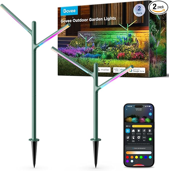 Govee Outdoor Garden Lights 2 Pack, RGBWWIC IP66 Waterproof Pathway Lights, 16 Million Colors, 64 Scenes for Outdoor Decor, Patio, Landscape Lighting, Compatible with Alexa, Google Assistant, Matter