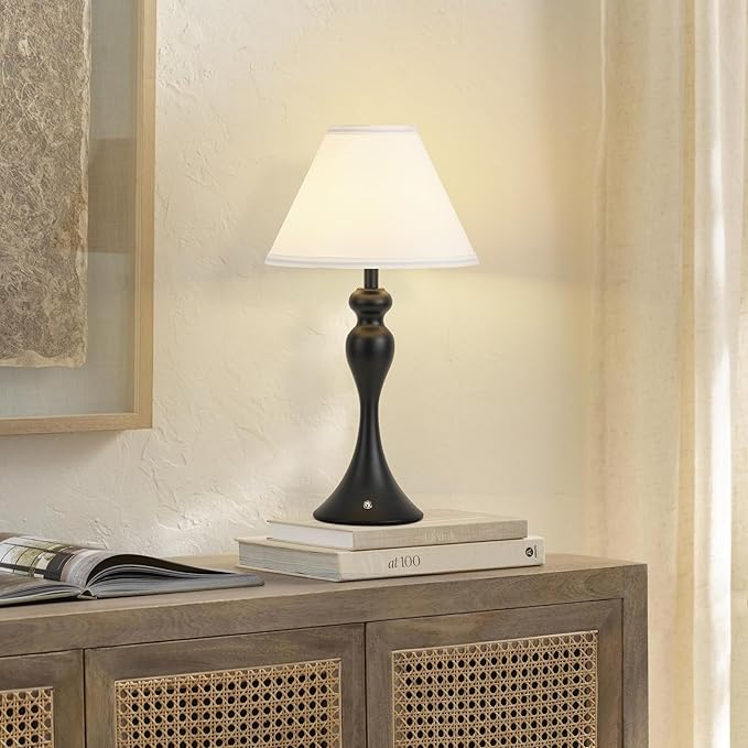 Rechargeable Cordless Table Lamps, Battery Operated Lamp with Fabric Shade for Decor, 3 Color Stepless Dimming LED Table Light, Nightstand Lamp for Nursery, Bedroom, Living Room, Home Office (Black)