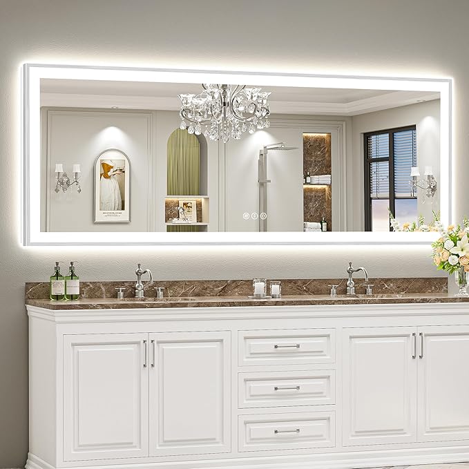96x36 Brushed Nickel LED Bathroom Mirror with Lights, Sliver Framed Backlit and Front Lit Anti-Fog Lighted Vanity Mirrors for Bathroom Wall, Dimmable, 3 Colors, Memory, Tempered Glass, CRI＞90