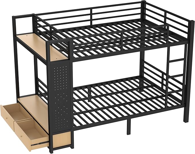 Bellemave Full Over Full Metal Bunk Bed with Storage Drawers and Shelves, Heavy Duty Bunk Beds with Pegboard and Coat Rack for Kids, Adults,Black、