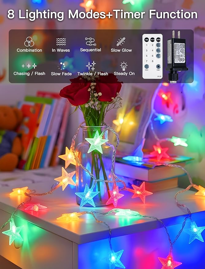 Star String Lights Plug in,33ft 100LED Easter Lights with Remote, Hanging Star Decorations Lights Waterproof for Indoor Outdoor Bedroom Classroom Dorm Kids Tent Party Decor,Multicolor