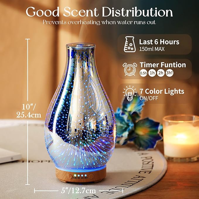 Porseme Essential Oil Diffuser 3D Glass Aromatherapy Ultrasonic Humidifier Cool Mist, Auto Shut-Off, Timer Setting, BPA Free for Home Office Hotel Yoga Gym Leisure SPA Gift 100ml