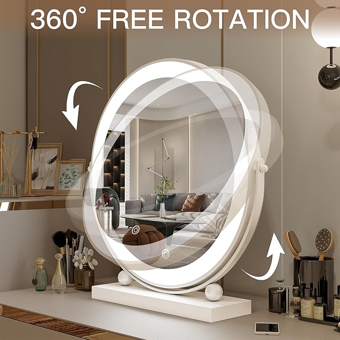 ROLOVE 13 Inch Vanity Mirror with Lights, Round Make Up Mirror with Lighting, LED Mirror Makeup Mirror with Lights for Bedroom Tabletop, Smart Touch Control, 360° Rotation (White)