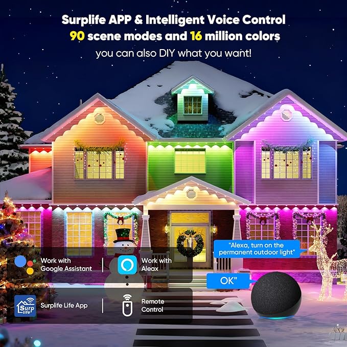 Smart Permanent Outdoor Lights for House, 150ft with 72 Smart AI RGB+IC Smart Christmas Lights, 98 Scene for Halloween Christmas All Holiday Decor, IP67 Waterproof Work with Alexa, Google Assistant
