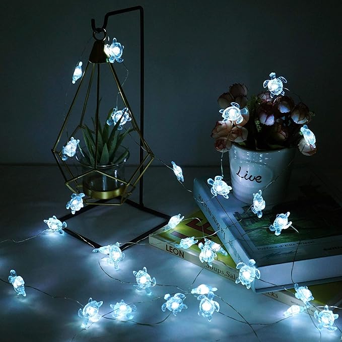 Decorman Sea Turtle Decorative String Lights, 14ft 40 LED 8 Modes Cool White Weatherproof Battery Operated Ocean Theme Lights for Bedrooms Parties Weddings Gardens with Remote and Timer