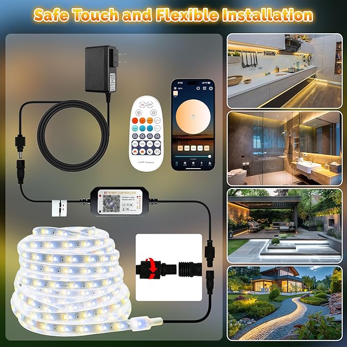 Outdoor LED Strip Lights Waterproof IP67, Dimmable 3000K-6500K Warm White LED Rope Lights Outdoor Waterproof with Remote & APP, 24v Adhesive Exterior Lighting for Patio, Deck, Gazebo (100FT)