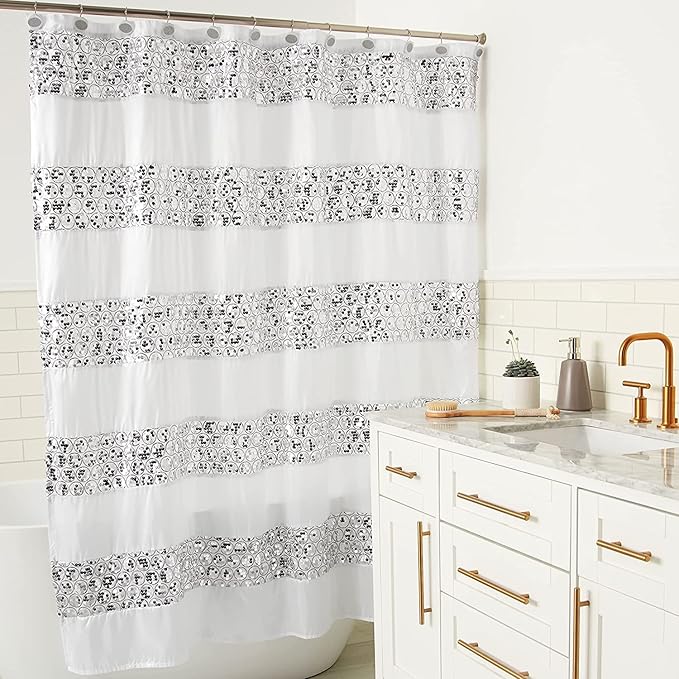 Zahari Home Sinatra Bathroom Shower Curtain Set - 13pc Classic White Shower Curtain & Hooks - Unique Design
