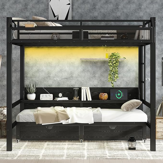 Bellemave Metal Full Over Full Size Bunk Bed Frame with Storage Drawers and Shelves,Heavy Duty Kids Bunk Beds with LED Lights and Charging Station for Teens,Adults,Convertible into a Sofa Bed,Black