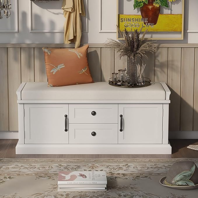 GDFStudio Rustic Storage Bench with 4 Doors 2 Draws Adjustable Shelves Removable Cushion Rectangular Cabinet Foot Rest Stool Solid Wood Shoe Bench Seating for Entryway Living Room, White