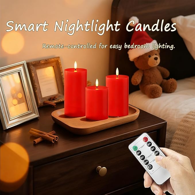 Flameless Pillar Candles with Remote, 3 Pack Battery Operated Real Wax LED Candles, Perfect for Home Decorations Fireplace Table, Red