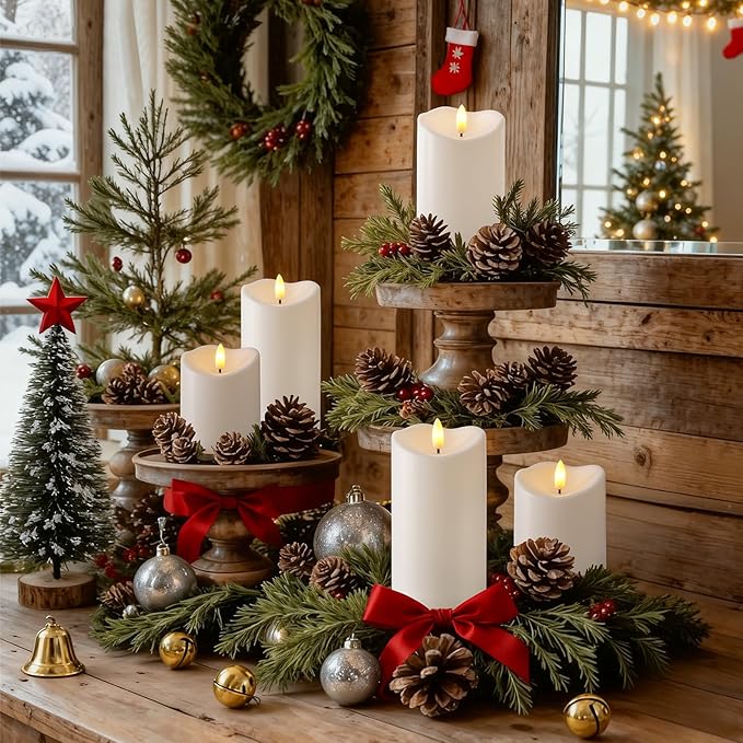 Raycare 3"x4"6" 8" Outdoor Waterproof Flameless Candles, Battery Operated LED Candles with Remote Control and Timer, Electric Fake Plastic Pillar Candles, Ivory White, Set of 3