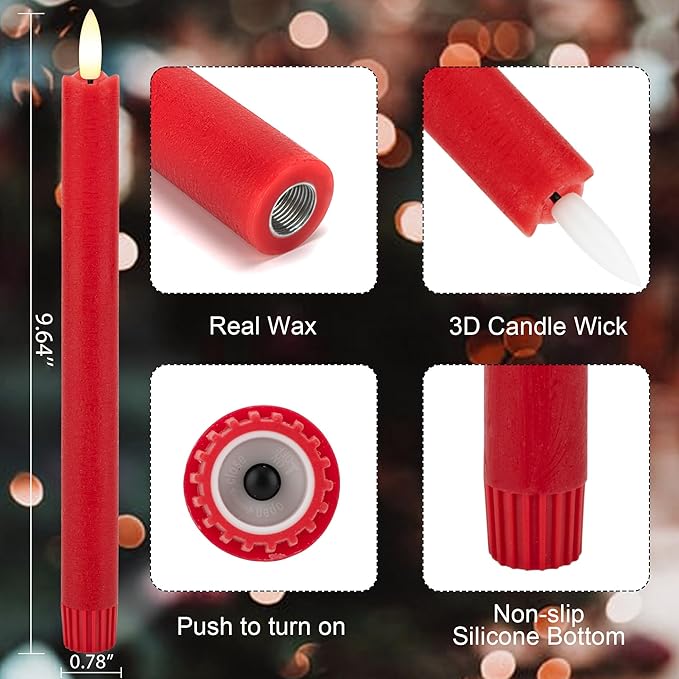 Red Flameless Taper Candles with Rmote, 9.6" Real Wax Battery Operated Candles with 3D Wick, 3 Pack Christmas Led Candlesticks for Table, Home, Wedding, Party, Xmas Decor