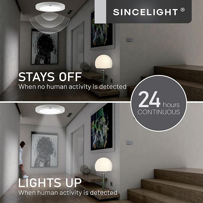 SINCELIGHT PIR Motion Sensor 7W LED Ceiling Light (Φ6''/146mm), Automatically ON/Off, Movement Activated, Cool White 6000K, Surface/Flush Mount for Closet,Cabinet,Hallway, Damp Use, Pack of 1