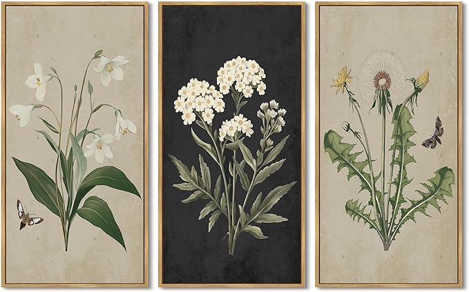 KUVIOKE Vintage Botanical Wall Decor Wild Flowers Artwork Framed Wall Art Ready to Hang Hallway Home Office 8x16in3pcs Natural Framed