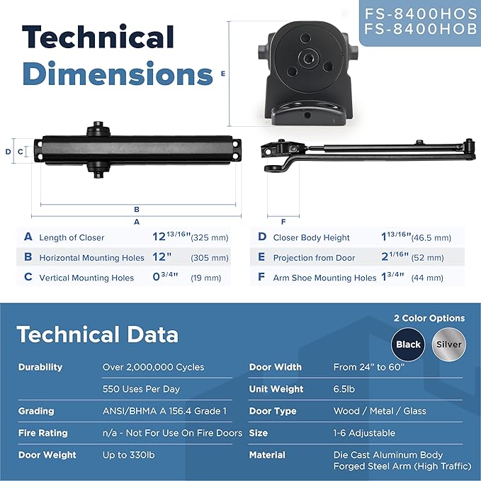 FORTSTRONG Commercial Door Closer - FS-8400 HOB - Heavy Duty Adjustable Grade 1 Standard Automatic Door Closing Hinge - ADA Compliant - Hold Open Function-Black Finish