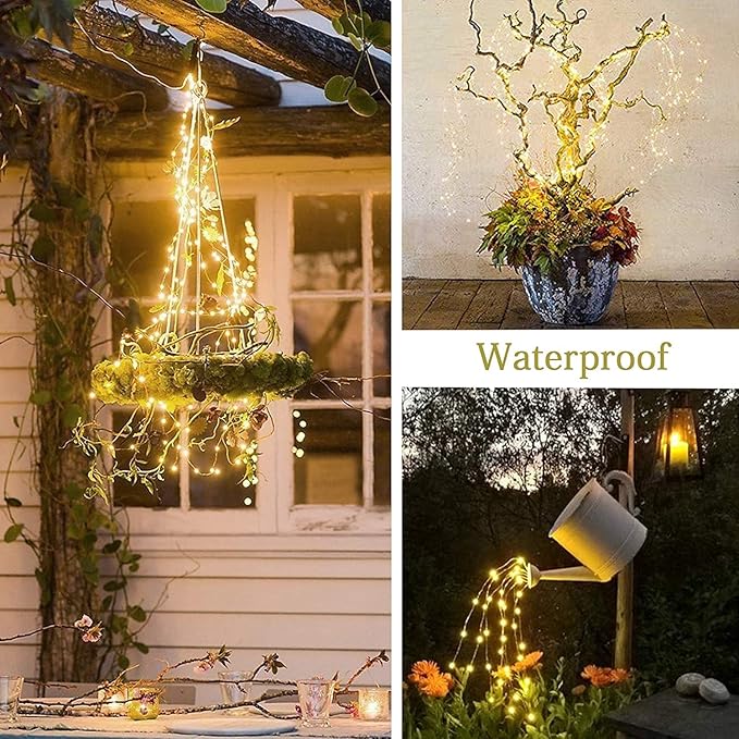 VOOKRY Solar Fairy String Lights for Outside, 10 Strands 200 LEDs Solar Powered Waterfall Lights Outdoor Waterproof, 8 Modes Watering Can Lights for Patio Yard Garden Tree Decorations(Warm White)