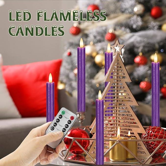 Purple Flameless Taper Candles with Remote, 3 Pack Real Wax Battery Operated Candles, 9.6 Inch Flickering Led Christmas Candlesticks Decorations for Winter Home Holiday Xmas Gift