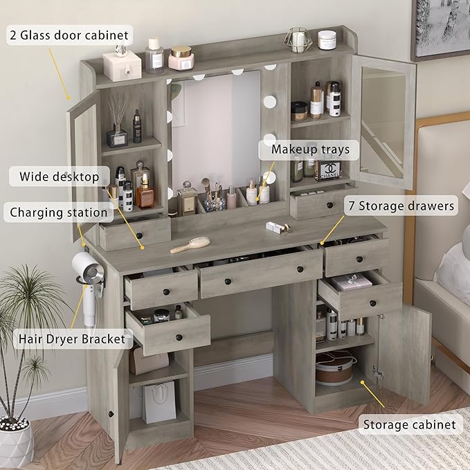 Vanity Desk with Mirror and Lights, 43" Grey Makeup Vanity Set with 5 Drawers & Glass Cabinets, Makeup Tray, Power Outlet & Adjustable LED Lights, Dressing Table for Women & Girls Bedroom