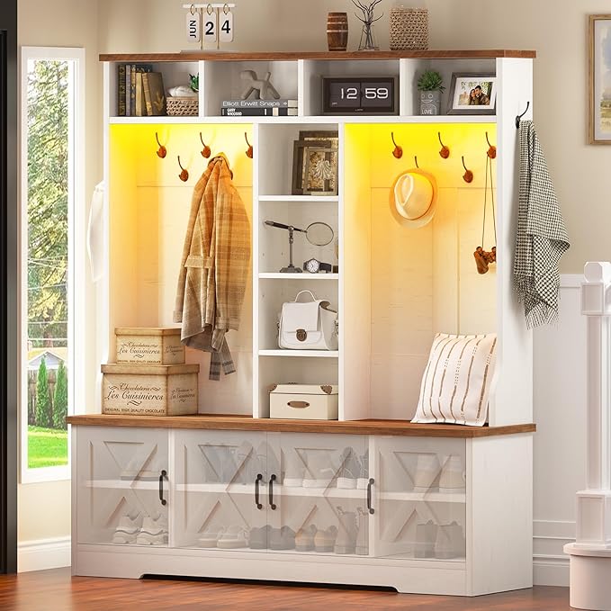 Hall Tree with Bench and Shoe Storage, Farmhouse Entryway Bench with Coat Racks and Led Lights, Large Hall Tree with 12 Coat Hooks, 8 Storage Cubbies, Adjustable Shelf
