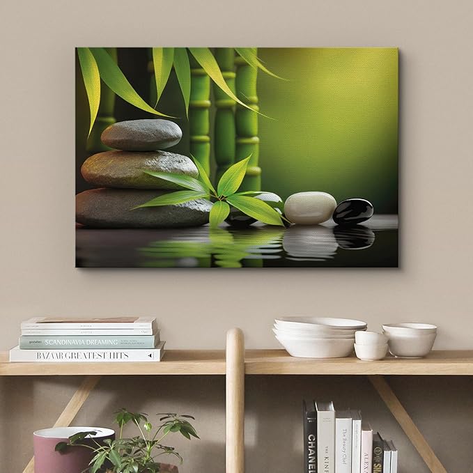 wall26 Canvas Print Wall Art Massage Stone Bamboo Leaf Nature Wilderness Photography Realism Modern Art Decorative Multicolor Rustic Minimal Relax/Calm/Cozy Colorful for Bedroom - 12"x18"