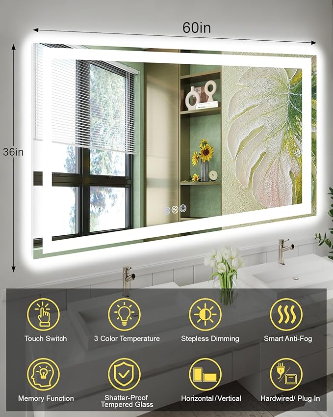 60x36 LED Bathroom Mirror with Lights, Super Bright Front & Backlit Vanity Mirror for Wall, Anti-Fog & Memory Smart Mirror, 5mm Shatter-Proof Tempered Glass, ETL Listed, Vertical/Horizontal