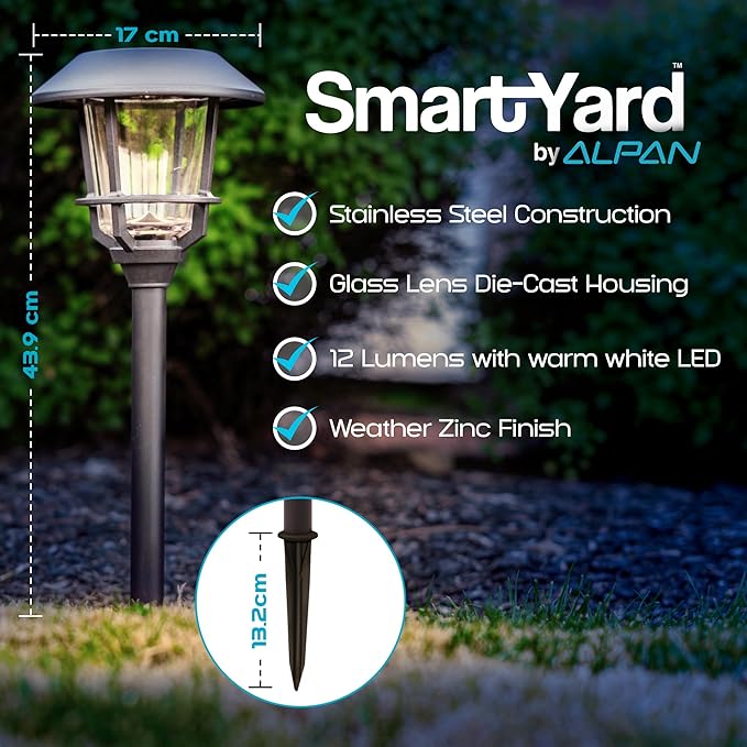 Solar Pathway Lights 4 Pack – 12 Lumens LED, Warm White, Weather-Resistant, Durable Stainless Steel & Aluminum, Outdoor Solar Garden, Yard, Walkway Lighting, Easy Stake Installation