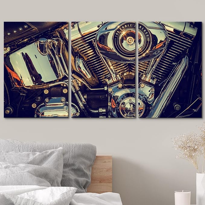 wall26 Canvas Print Wall Art Set Close Up of Chrome Motorcycle Engine Transportation Vehicle Photography Realism Chic Scenic Colorful Multicolor Ultra for Living Room, Bedroom, Office - 24"x36"x3