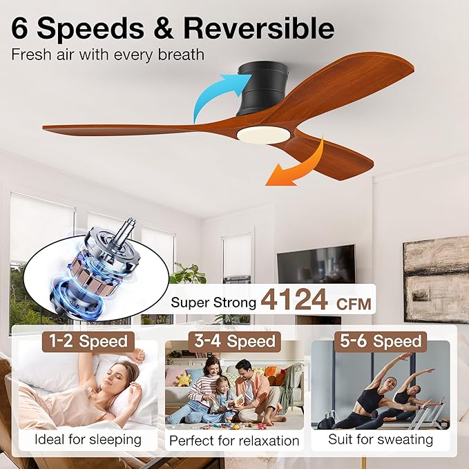 Smart 52” Wood Flush Mount Ceiling Fans with Lights Remote,Quiet DC Motor,Outdoor Indoor Low Profile Ceiling Fan,Voice Contorl with WIFI Alexa App Control,Modern fan for Bedroom Patio