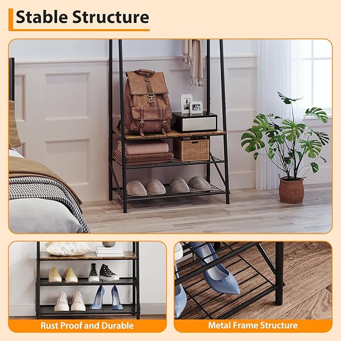 Coat Rack, Floorstanding Hall Tree with Shoe Rack, Wooden and Metal Coat Stand, Industrial Clothes Rack, for Hallway, Living Room, Bedroom, 25.2''x11.4''x70'', Rustic Brown
