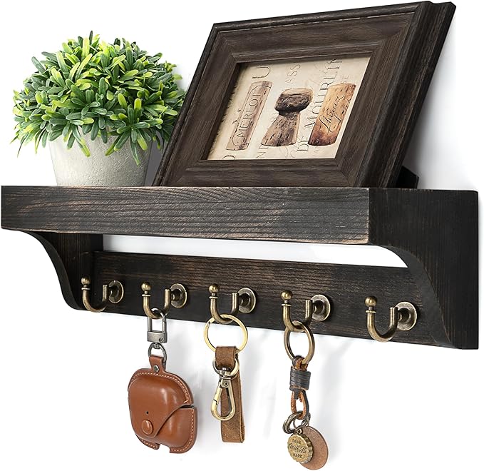 Rebee Vision Key Holder Wall Mount with Shelf – Rustic Key Holder for Wall with 5 Hooks for Keys & Leashes – Stylish Entryway Organizer for Home & Apartment (Distressed Black)