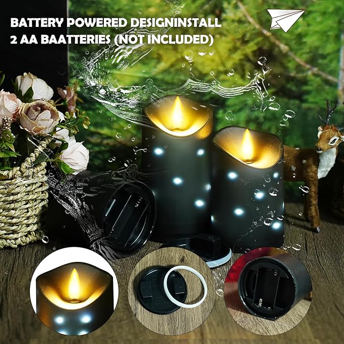 Outdoor Waterproof Flickering Flameless Candles with Embedded Star String,3Pcs LED Pillar Candles Battery Operated with Remote and Timers for Courtyard,Porch,Camping,Holiday Decoration(Black)