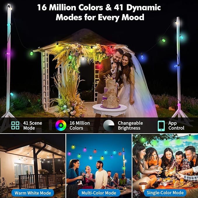 Outdoor String Lights Waterproof Patio Lights 104FT (2x52FT) 40 RGBW Dimmable LED Bulbs, APP & Remote Control, Shatterproof Hanging Color Changing Lights for Outside Backyard Party Porch Balcony