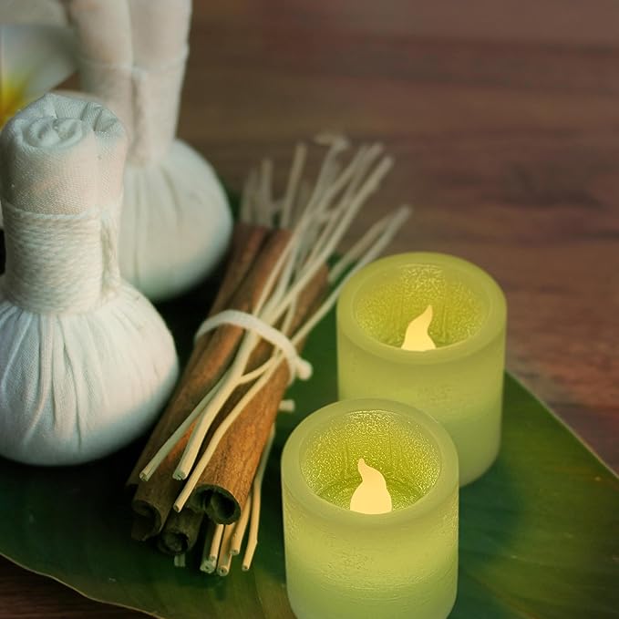 FURORA LIGHTING Green Real Wax LED Votive Tealight Candles Pack of 6, Flameless Flickering Candles for Delicate Home Décor, 1.95’’(W) x 2.17’’(H), Batteries Included