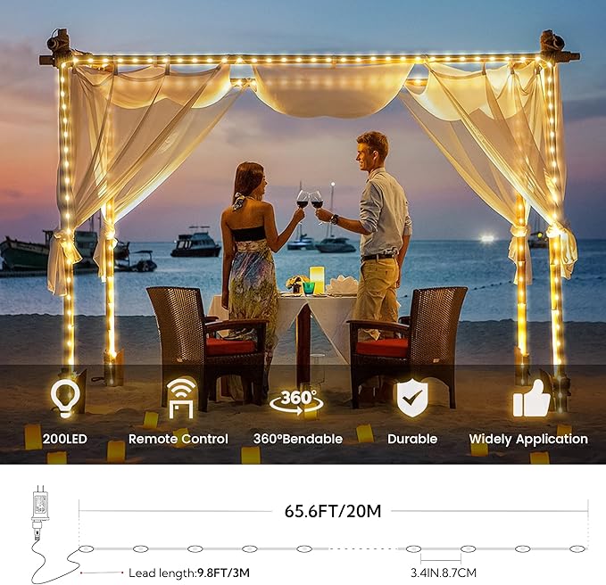 Christmas Lights Outdoor-200LED 75.4FT IP65 Waterproof 8 Modes LED Starry Fairy Lights with Remote,Plug in for Bedroom Party Wedding Craft Indoor Bedroom Patio Camping Garden Decor(Warm White)