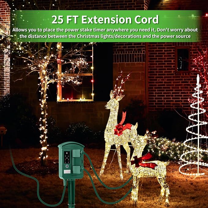 Outdoor Power Stake Timer for Christmas Light Decorations Waterproof, Dusk to Dawn, Outdoor Power Strip with 6 Outlets, 1875W/15A, 100FT Wireless Remote Control, 25FT Extension Cord, Heavy Duty