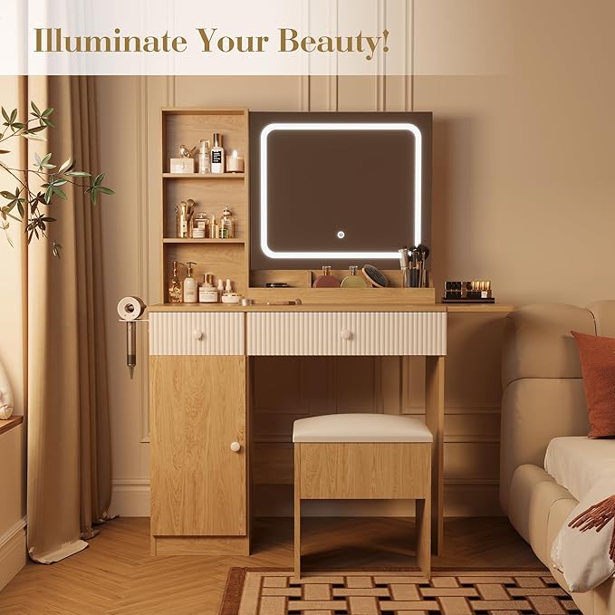 GarveeHome Foldable Makeup Vanity with Lighted Mirror, Vanity Desk with Power Strip, Adjustable Lighting, Drawers and Cushioned Stool, Foldable Panel for Compact Space Bedroom, Natural