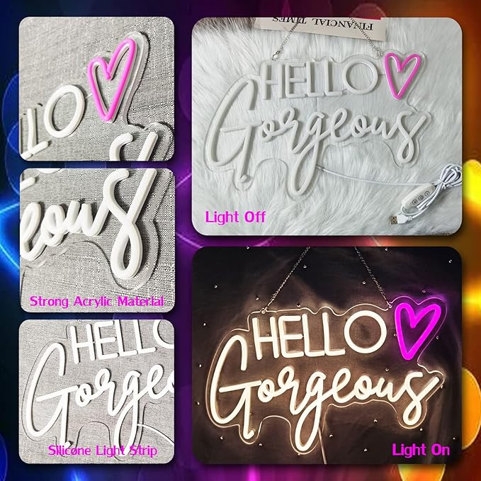 Hello Gorgeous Neon Sign Reusable Warm White USB LED Neon Lights for Home Wedding Birthday Backdrop Bacelorette Party Decor Room with Dimmable Switch(5V,16.5X10.6inches)