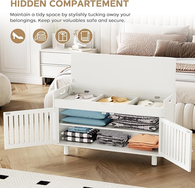 35.4in Shoe Bench with Storage, Bamboo Entryway Bench with Lift Top Hidden Storage & Padded Seat, 2 Doors 2-Tier Narrow Shoe Rack Cabinet Organizer for Hallway Mudroom Bedroom, White