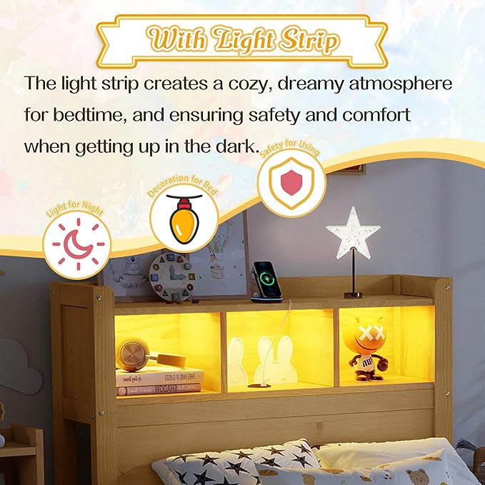 Kids Twin Bed Frame with Drawers & Storage Headboard, Solid Wood Platform Bed with Pull-Out Cabinet, Built-in LED Light & Charging Station, No Box Spring Needed, Natural