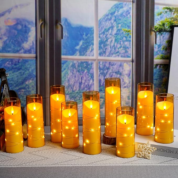 Flameless Candles with Embedded Star String, Battery Operated LED Pillar Candles with Timer and Remote Control,Home Decorating for Ambiance， Set of 9 (Gold)