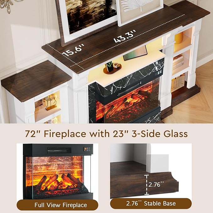 LGHM LED Electric Fireplace TV Stand with Outlet, 72'' Fireplace Mantel for TVs up to 80'', Modern Entertainment Center with 3-Sided Glass Fireplace Heater Insert for Living Room